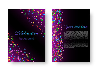 Pattern design brochure with colorful paper confetti falling on a violet background