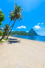Paradise beach at Soufriere Bay with view to Piton at small town Soufriere in Saint Lucia, Tropical Caribbean Island.