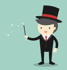 Business concept, Businessman is holding magic wand. Vector illustration.