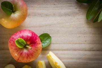 Apple top view with wooden background