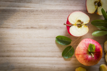 Apple top view with wooden background right side