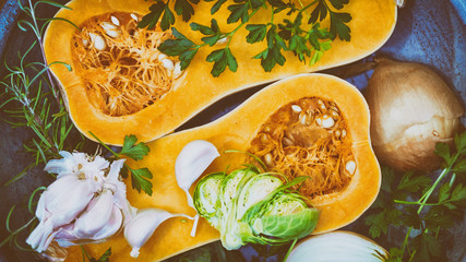 Chestnut Squash Brussels sprouts Garlic and Parsley 