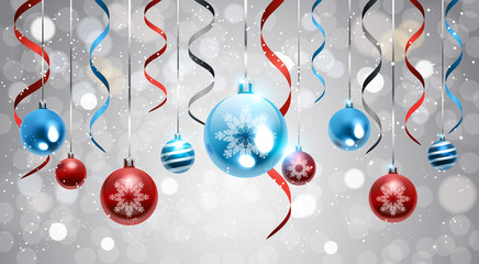 Christmas Background With Glossy Balls And Ribbons Colorful New Year Decoration Banner Vector Illustration