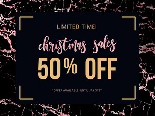 Christmas sale poster on rose gold marble background. Vector illustration for website and banners, posters, ads, coupons, promotional material