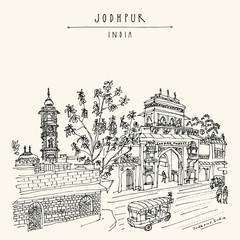 Clock tower and Sardar Market gate in Jodhpur by Mehrangarh fort, Rajasthan, India. Artistic travel sketch. Hand drawn postcard, poster, book illustration