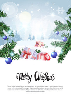 Winter Forest Landscape Christmas Holiday Background Design Present Boxes In Snow Banner With Copy Space Vector Illustration