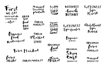 Organic Farm hand lettering. Set of Organic and Natural food labels, stickers, logo templates