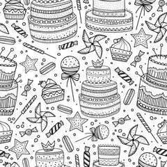 Hand drawn pattern with Birthday elements. Celebration cakes and various sweets. Seamless background, black outline