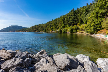 rocky lake shore with clear water and forest on the side under blue sky