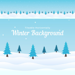 Tileable Horizontal Winter Background with Snowy Ground and Cold Blue Christmas Tree for Game, Banner, Poster, Cover Template
