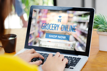 Woman hands typing laptop computer with grocery shopping online on screen background, business and technology, lifestyle concept