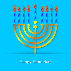 Happy Hanukkah, jewish festival of Lights. Hanukkah menorah for design of greeting card, banner, poster. Vector illustration.