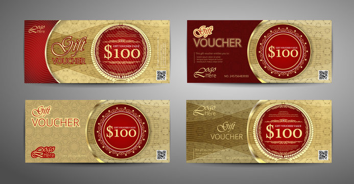 Luxury gift voucher template collection. Set of red and gold coupon template. Vector