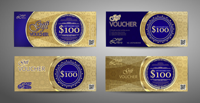 Luxury gift voucher template collection. Set of blue and gold coupon template. Vector