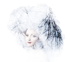 Portrait of a beautiful woman in a large hat. The double exposure effect.