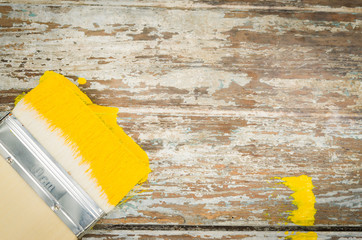 paint brush use for paint old wood background for equipment stock photography.