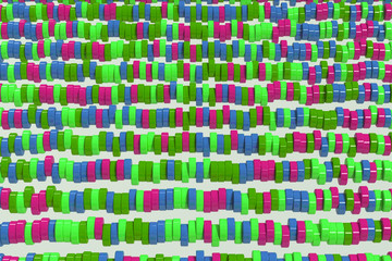Pattern of blue, red and green cylinder tablets on white background
