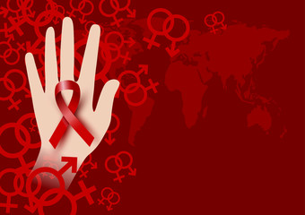 World aids day design of red ribbon on hand with sex symbol vector illustration