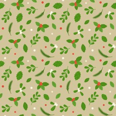 seamless pattern of red and white mistletoe with spruce branch on golden background for use as Christmas wrapping paper, flat design