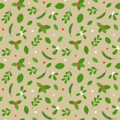 seamless pattern of red and white mistletoe with spruce branch on golden background for use as Christmas wrapping paper, flat design