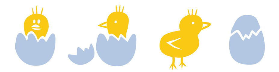 Zeichnung: Osterküken schlüpfen aus Eiern / farbig, Vektor, freigestellt