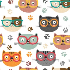 Fotobehang Katten naadloos patroon met schattige gezichten katten - vectorillustratie, eps