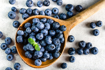 Fresh blueberries, top view of berries, healthy superfood concept