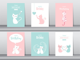 Fototapeta na wymiar Set of birthday cards,poster,invitation cards,template,greeting cards,animals,cat,cute vector,Vector illustrations
