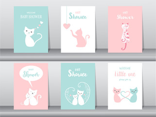 Fototapeta na wymiar Set of baby shower invitations cards, poster, greeting, template, animals, cat,cute vector,Vector illustrations