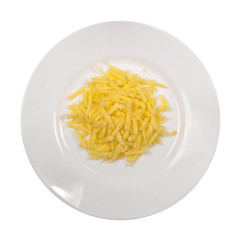 Grated cheese on white plate