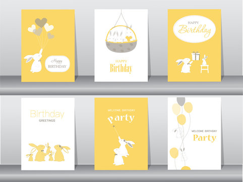 Set of birthday cards,poster,invitation cards,template,greeting cards,animals,rabbit,cute vector,Vector illustrations