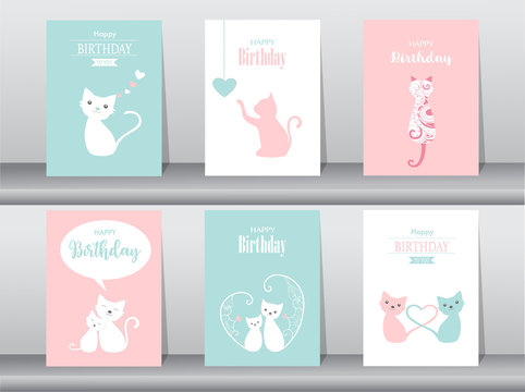 
Set of birthday cards,poster,invitation cards,template,greeting cards,animals,cat,cute vector,Vector illustrations