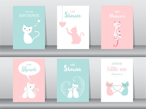Set of baby shower invitations cards, poster, greeting, template, animals, cat,cute vector,Vector illustrations