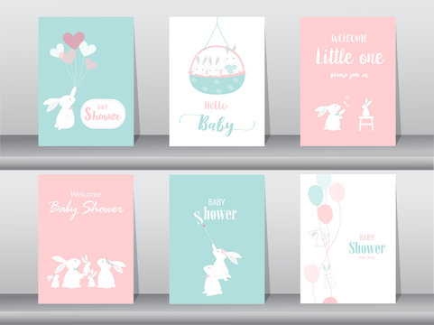Set of baby shower invitations cards, poster, greeting, template, animals, rabbit,cute vector,Vector illustrations