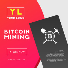 Bitcoin mining icon on abstract red internet background template
