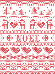 Seamless Noel Scandinavian fabric style, inspired by Norwegian Christmas,  winter pattern in cross stitch with reindeer, Christmas tree, heart, snowflakes, snow, decorative ornaments red white
