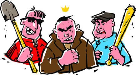 Illustration of bad guys. The guys are not hipsters. Image of cheerful hoodlums on a white isolated background. Illustration of Russian bandits in comic style. Street criminal grouping.