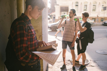 modern teenage lifestyle. geeks vs low-grade students opposition. Drinking alcohol bad habits concept