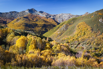 Valle y montañas en otoño. Espacio Natural Sierra de Los Ancares.
