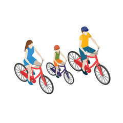 Family cyclists riding on a bicycle. Flat 3d isometric vector illustration. Mother, father and son