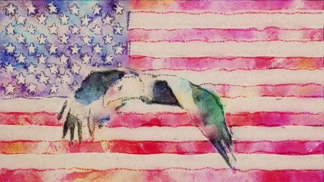 stop motion of drawn watercolor grunge USA flag with bald eagle fly cartoon animation seamless loop - new quality national patriotic colorful symbol video footage