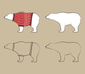 White bears wear wool red sweaters. Polar bears set. Nordic bear in ornamental warm sweaters Scandinavian design. Outline white bear.