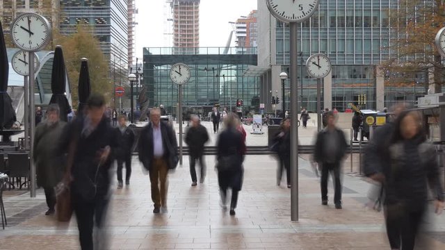 Time lapse. People go to work. The financial district of London.