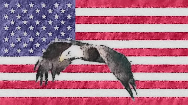 stop motion of drawn pastel USA flag with bald eagle fly cartoon animation seamless loop - new quality national patriotic colorful symbol video footage