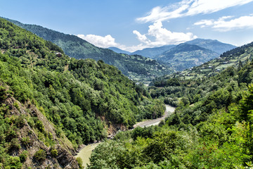 Fototapeta na wymiar Valley of a mountain river. Mountain pass. Caucasus Mountains