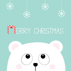 Merry Christmas Candy cane. Polar white little small bear cub head face looking up to hanging snow flake. Big eyes. Cute cartoon baby character. Arctic animal. Flat design Winter background.