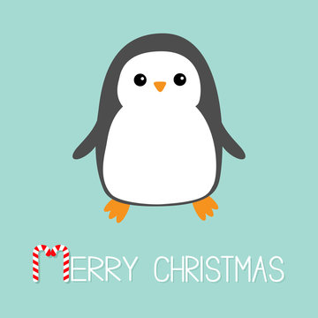 Merry Christmas Candy cane text. Kawaii Penguin bird icon. Cute cartoon baby character. Flat design Winter antarctica blue background. Greeting card.