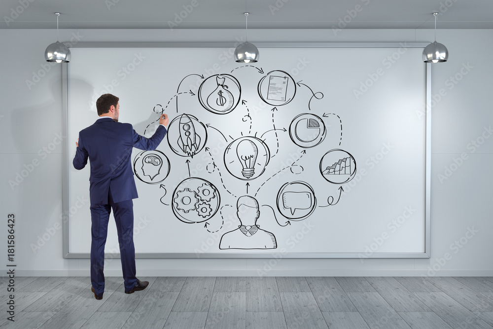 Poster Businessman drawing a project sketch on a board 3D rendering