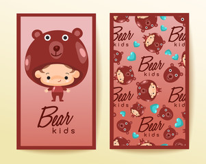 Boy and girl wearing Animal fancy hat : Vertical Card Template : Vector Illustration