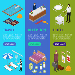 Hotel Service Banner Vecrtical Set Isometric View. Vector